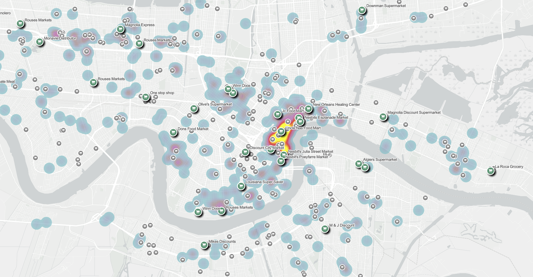 SafeGraph points of interest grocery store businesses open late at night and heat map of active nightlife.