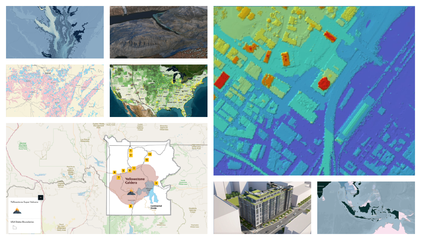 A collage of eight maps and scenes from the winning student projects at the LCPS Geospatial Science Symposium