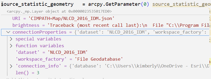 Hovering over variables will display the value and its properties.