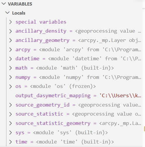An example of how variables in your script tool will display in the Variables section of the Run and Debug pane.