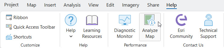 The Analyze Map button on the Help tab in ArcGIS Pro.