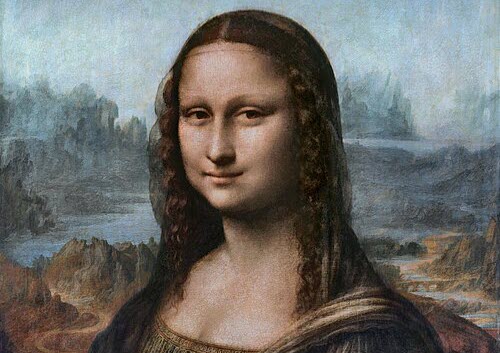 This image depicts what the original colors may have looked like in the famous painting commonly referred to as the Mona Lisa, using thousands of colors capturing nuance and that famous smile.