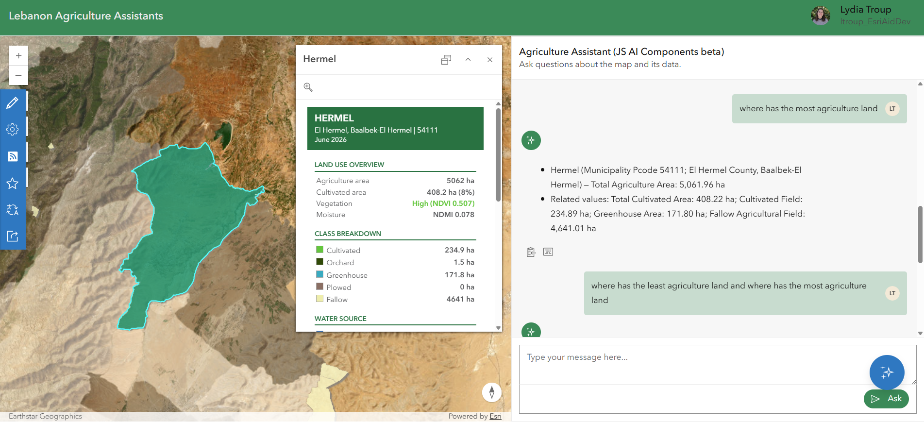 Screenshot of a web-based “Lebanon Agriculture Assistants” application showing an interactive map of Lebanon with the Hermel municipality selected and highlighted in turquoise. A pop-up panel displays agricultural statistics for Hermel, including total agriculture area, cultivated area, vegetation condition, and land-use classes. On the right, an AI chat assistant answers questions about agricultural land distribution, returning acreage figures for Hermel and its cultivated, greenhouse, and fallow areas.