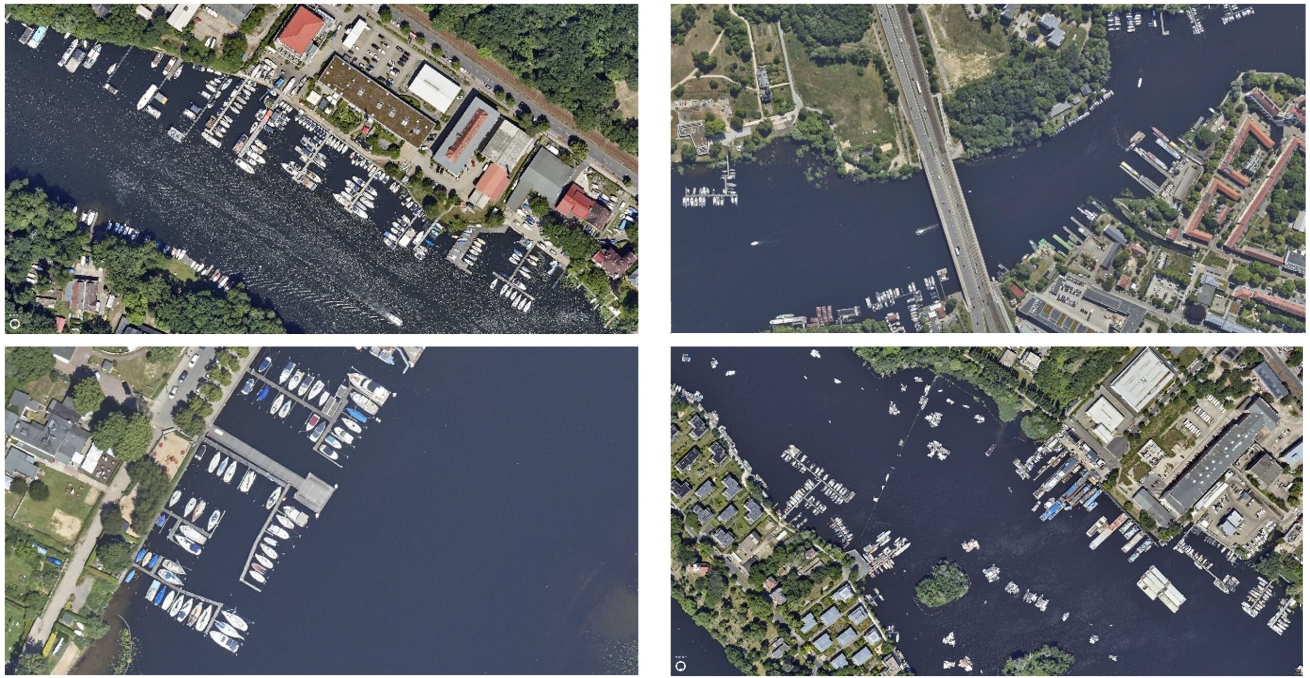 Aerial images capture the infrastructure along the water lines. Bridges, piers and boats increase the complexity of delineating the water contour.