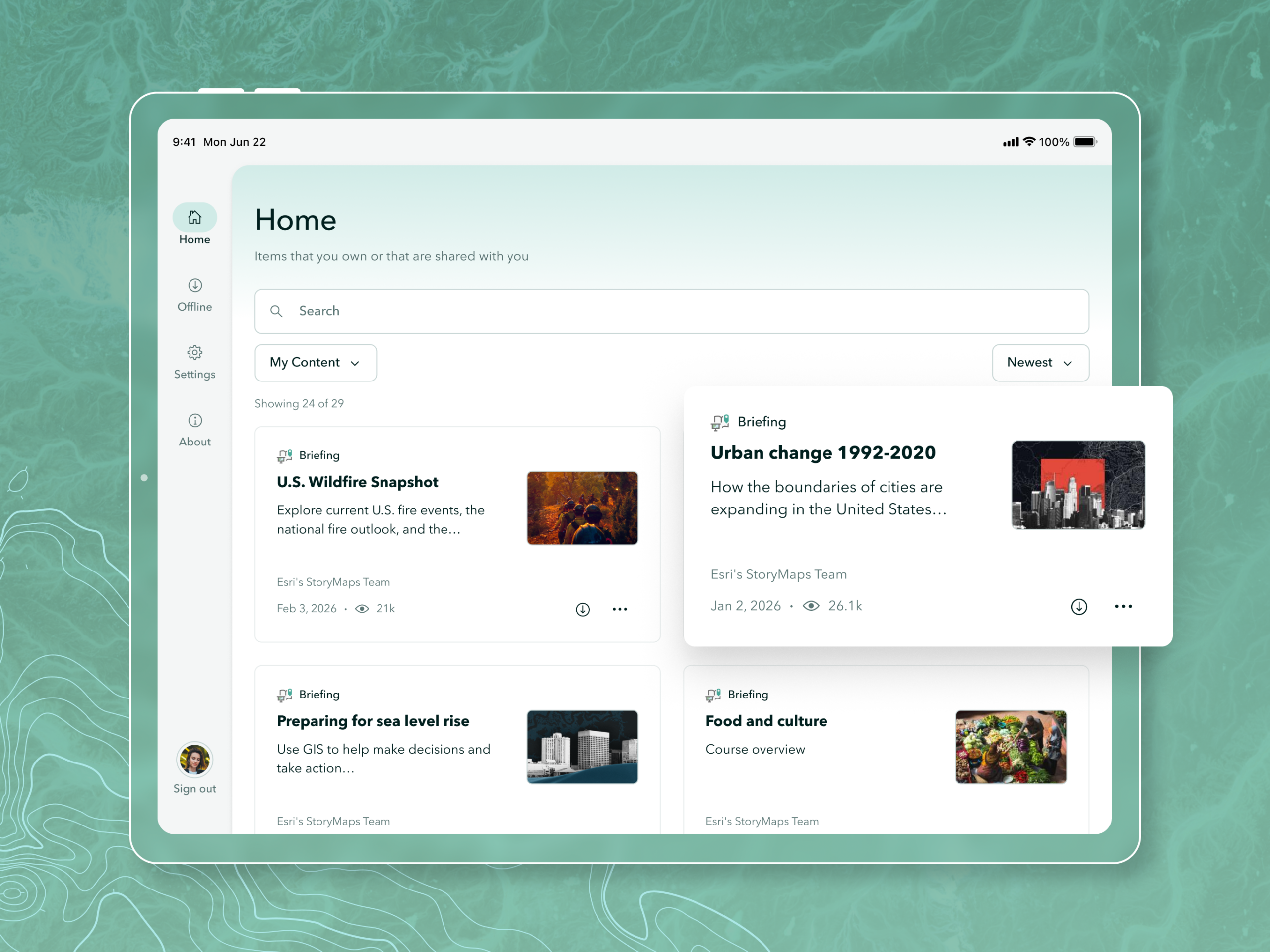 Display of the Home page on the ArcGIS StoryMaps Briefings app