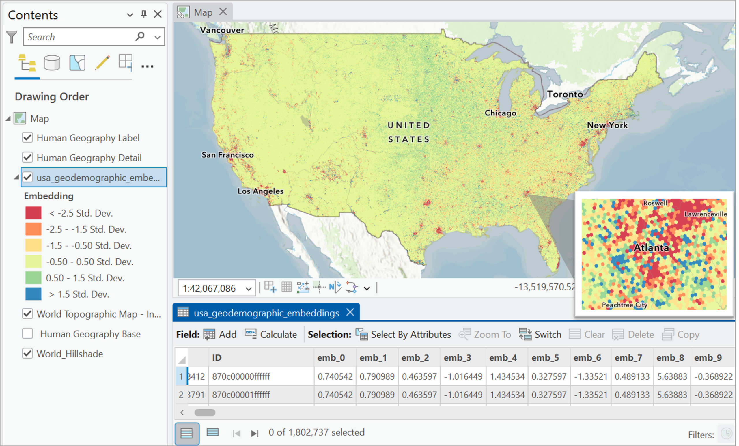 USA Geodemographic Embeddings visualized as H3 hexagons showing geodemographic patterns across the United States.