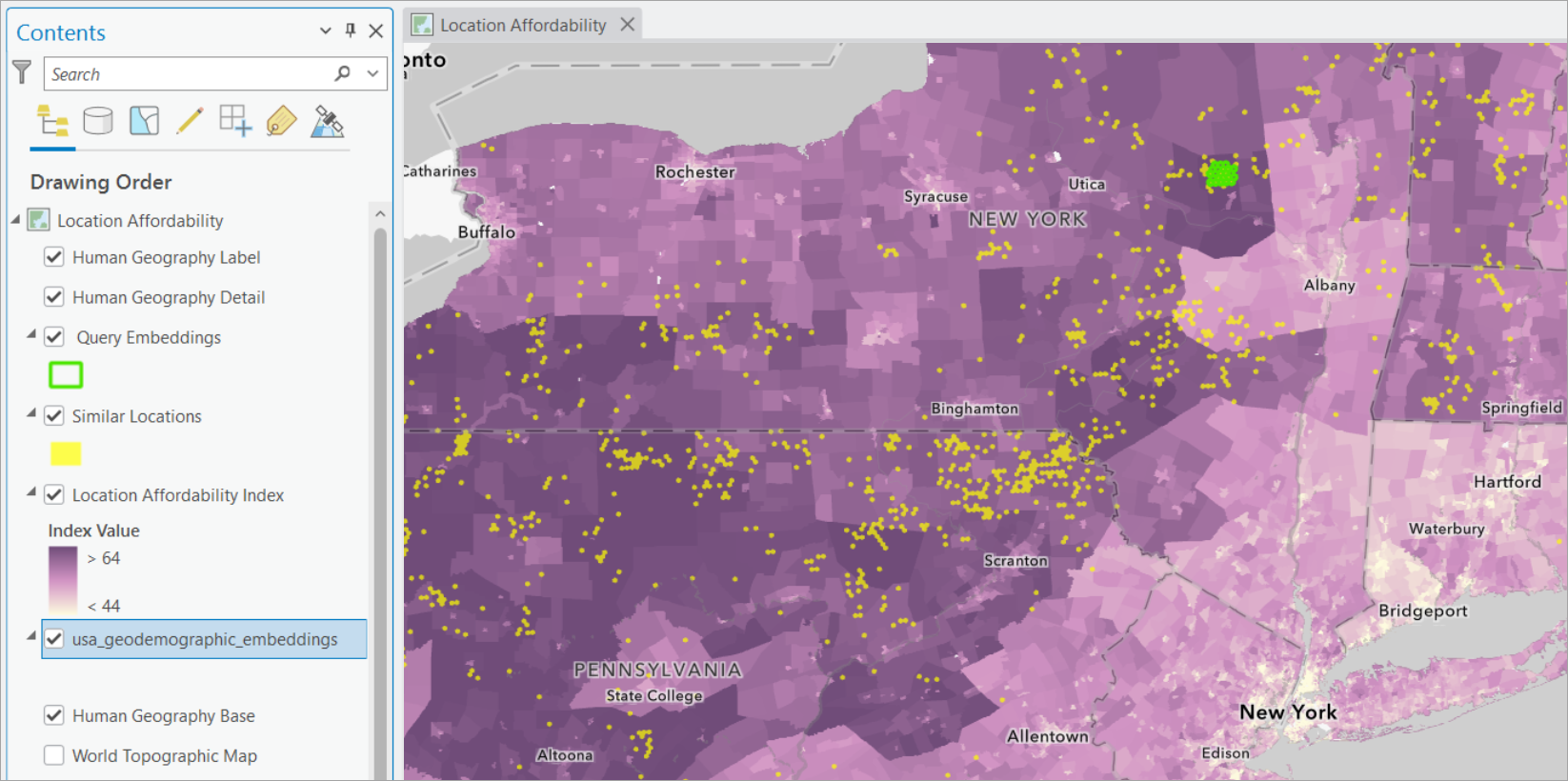 Embedding-based similarity search highlighting locations with similar geodemographic characteristics.