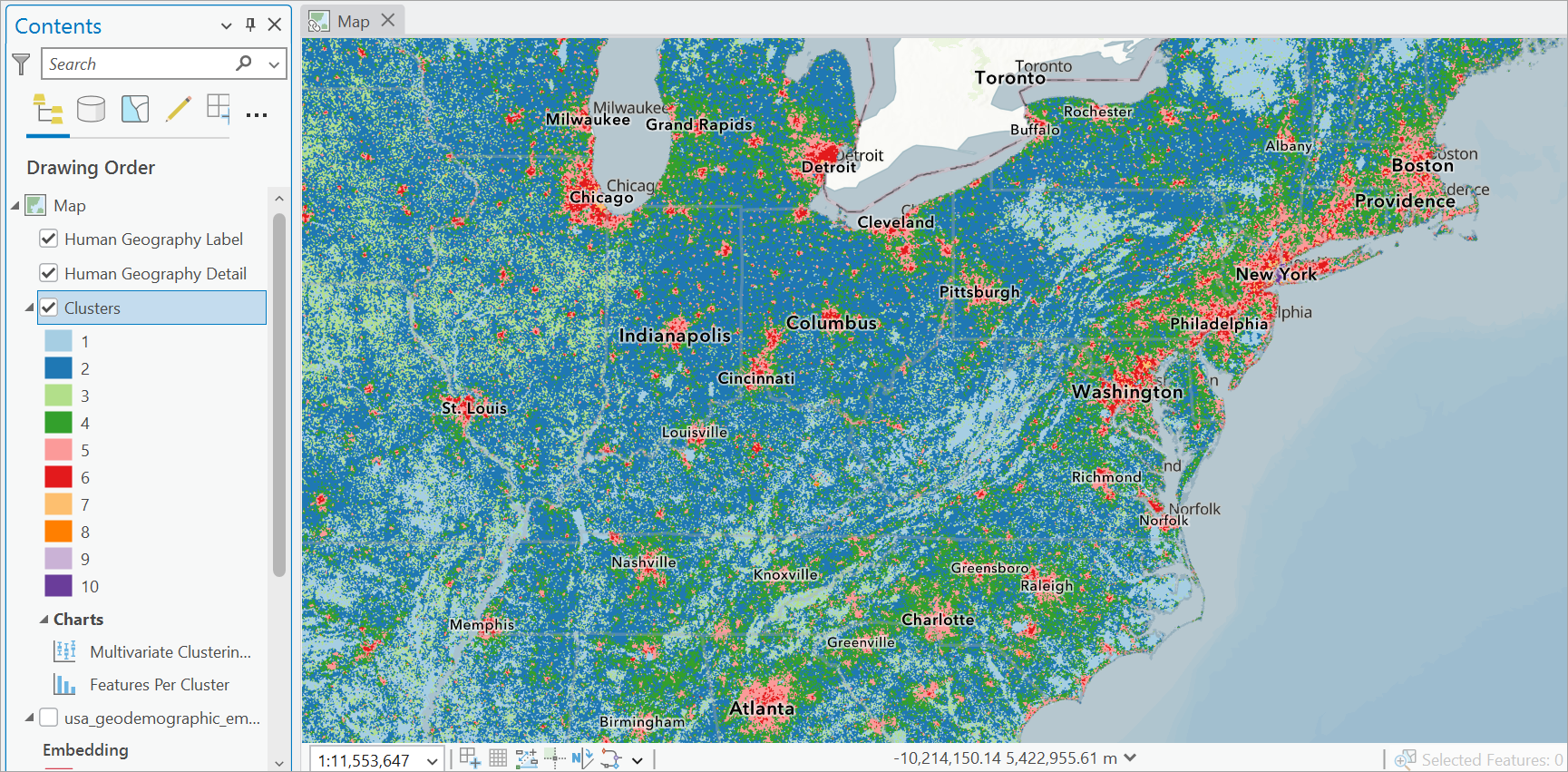 Clustered map of locations with similar geodemographic and environmental characteristics across the U.S. East Coast.