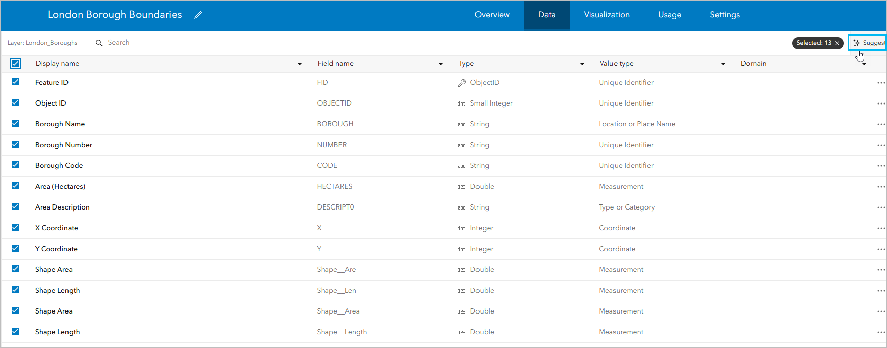 Suggest button in the fields of the Data tab