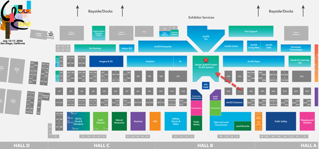 Map of the Esri Showcase at Esri User Conference with a red arrow and star pointing to the location of the ArcGIS Hub kiosks