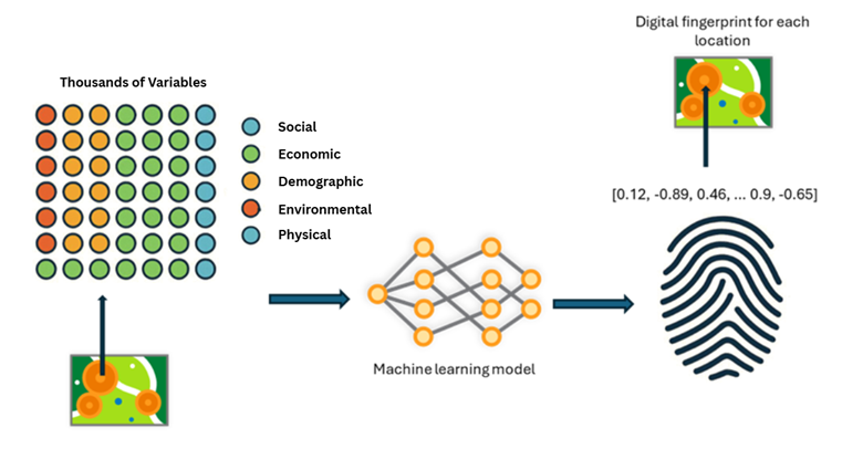graphic showing the flow of input data, through a model, and into final embeddings