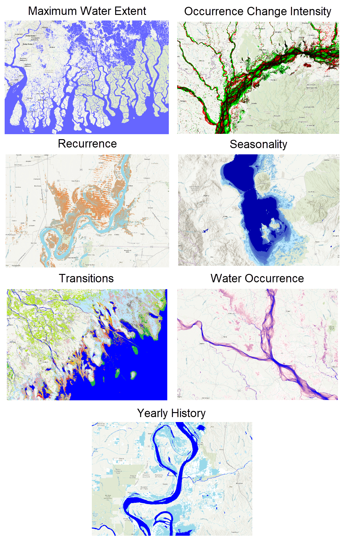 Seven JRC Global Surface Water imagery layers showing complementary views of global surface water dynamics, including maximum extent, water occurrence, occurrence change intensity, recurrence, seasonality, transitions, and yearly history.