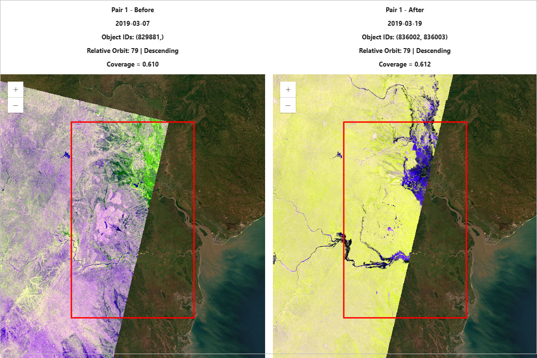 Side-by-side comparison of the selected pre- and post-flood Sentinel-1 images for pair 1 over the Beira AOI.