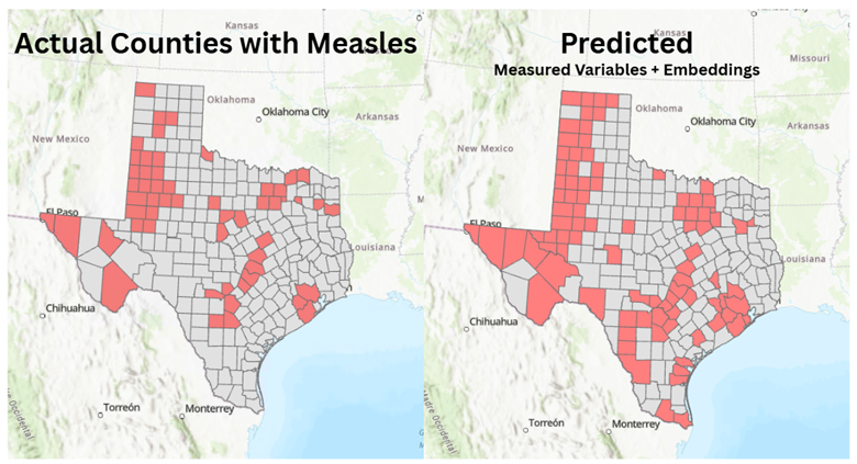 side-by-side maps of observed measles cases and predicted measles cases using a machine learning model that included embeddings