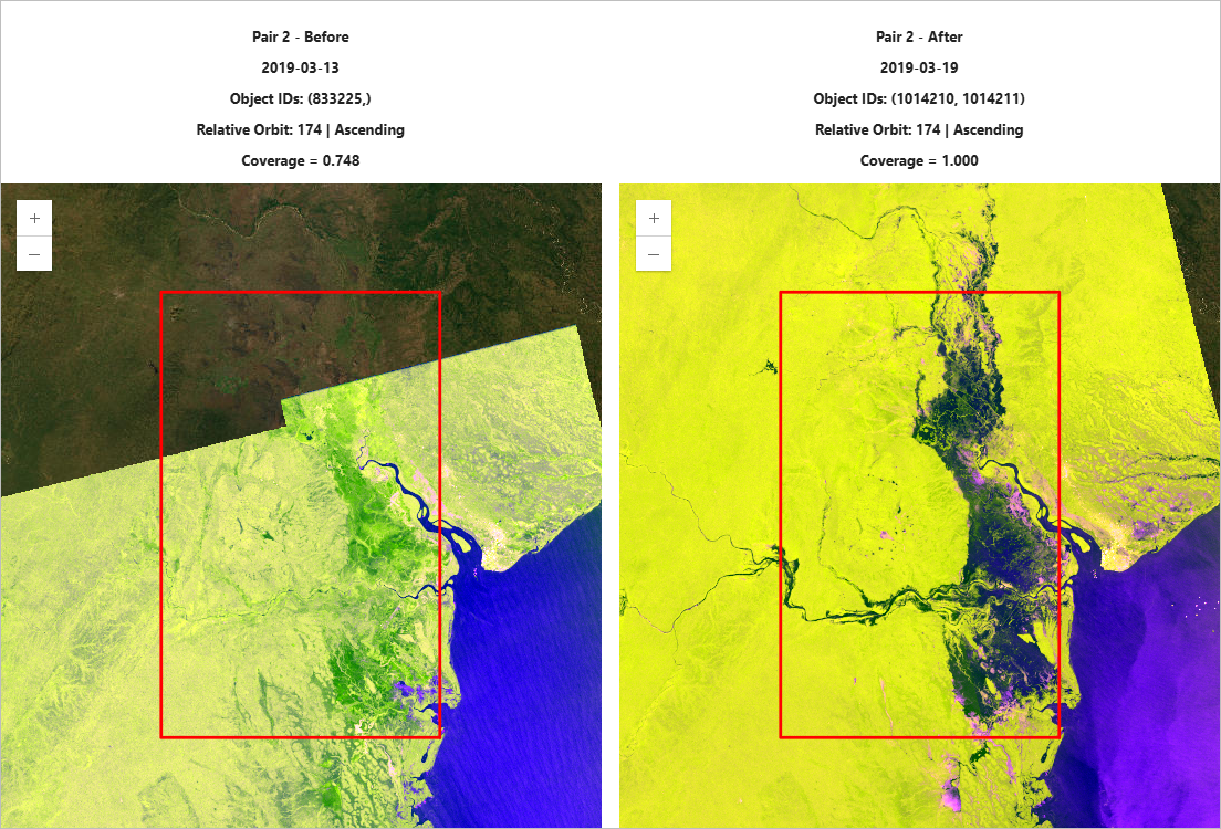 Side-by-side comparison of the selected pre- and post-flood Sentinel-1 images for pair 2 over the Beira AOI.