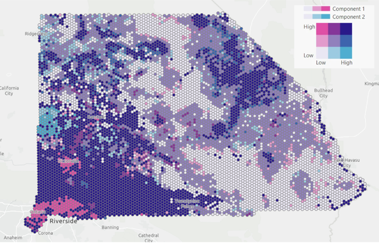 Bivariate map of H3 Level-7 bins in San Bernardino County showing the first two reduced components from the embeddings.