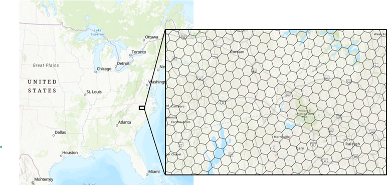 map showing the geographic scale of Esri’s USA Geodemographic Embeddings: H3 Level-7 bins