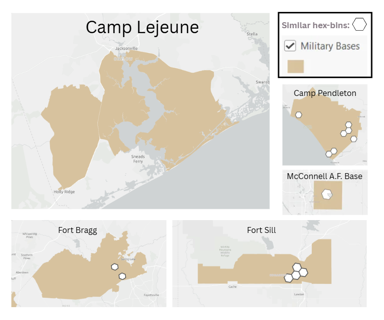 Collection of maps showing Camp Lejeune and the military bases with locations deemed the most similar using Similarity Search.