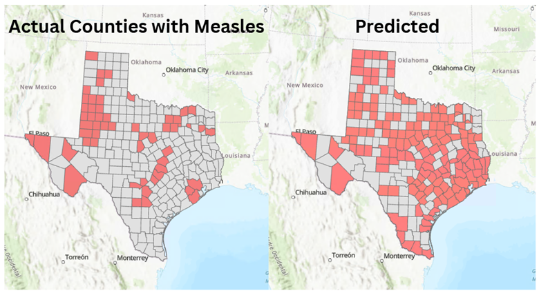 side-by-side maps of observed measles cases and predicted measles cases using a machine learning model
