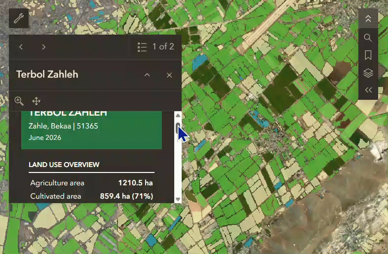 Animated map popup displaying agricultural monitoring information for Terbol Zahleh in Lebanon. The map shows individual agricultural fields symbolized by land-use classification, with cultivated fields highlighted in green. A popup window provides summary statistics for June 2026, including the location name, administrative area (Zahle, Bekaa), total agricultural area (1,210.5 hectares), and cultivated area (859.4 hectares, representing 71% of the agricultural land). The surrounding map provides a field-level view of agricultural conditions, while the popup summarizes key indicators for the selected administrative area, allowing users to explore cultivated land and agricultural activity interactively.