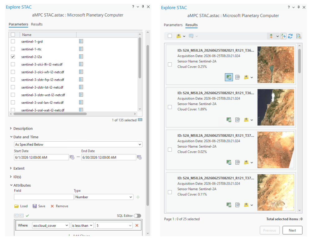 Screenshot of the Explore STAC interface in ArcGIS Pro connected to the Microsoft Planetary Computer. The left panel shows the search parameters used to discover imagery, including the selected Sentinel-2 Level-2A collection, a date range from June 1, 2026, to June 30, 2026, and a cloud cover filter of less than 5 percent. The right panel displays search results consisting of multiple Sentinel-2 scenes, each showing metadata such as acquisition date, sensor name, and cloud cover percentage, along with image thumbnails. The results include scenes with very low cloud cover (between approximately 0.02% and 1.99%), demonstrating how STAC can be used to identify and access high-quality satellite imagery for agricultural monitoring and analysis.