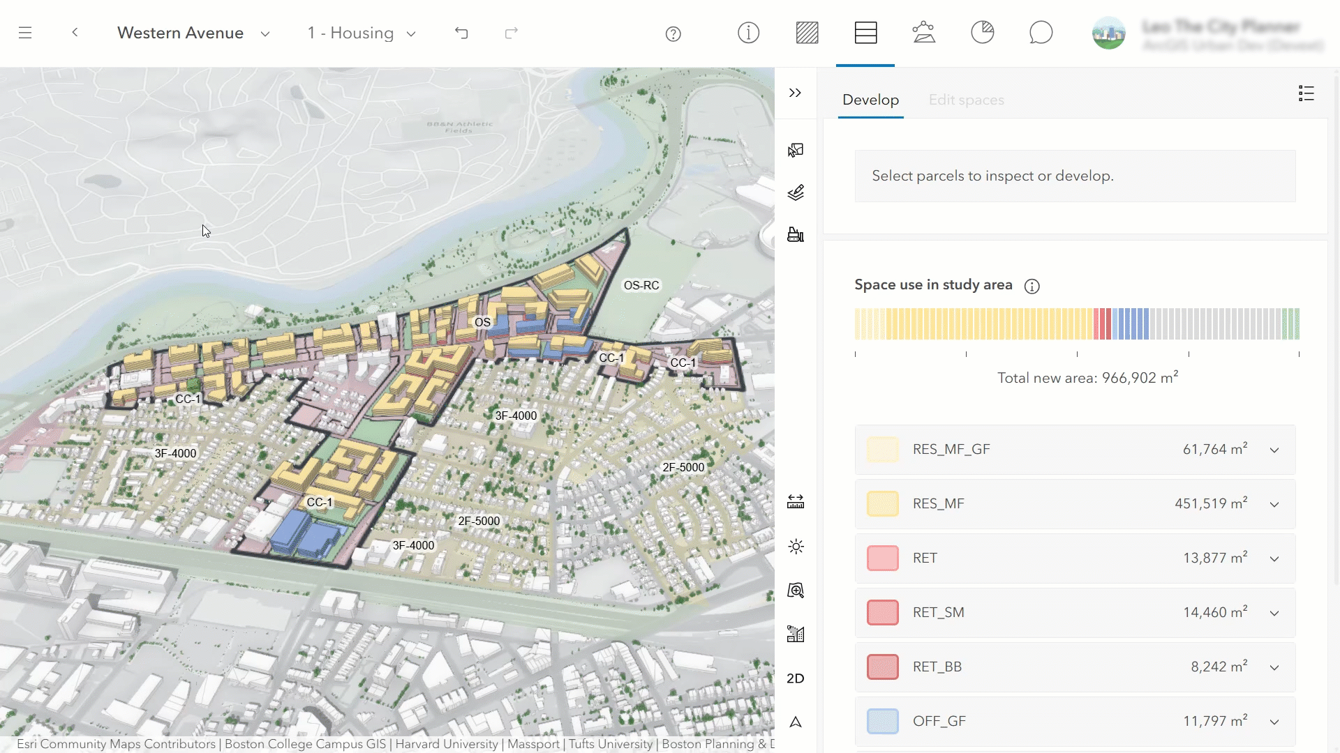 Animated workflow showing report export from ArcGIS Urban to Excel, followed by filtering, rearranging, and comparing scenario data in interactive charts and tables.