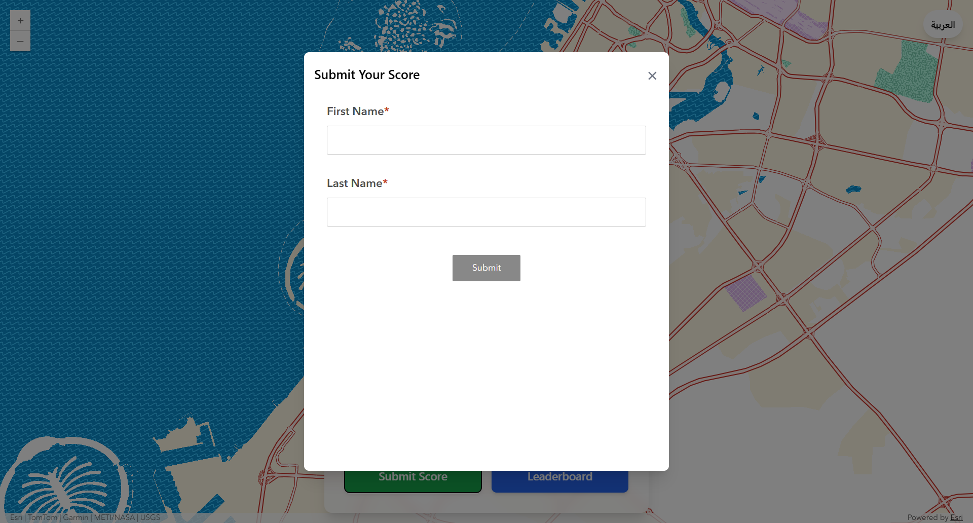 The embedded Survey123 form modal, streamlined with URL parameters so players only enter their name