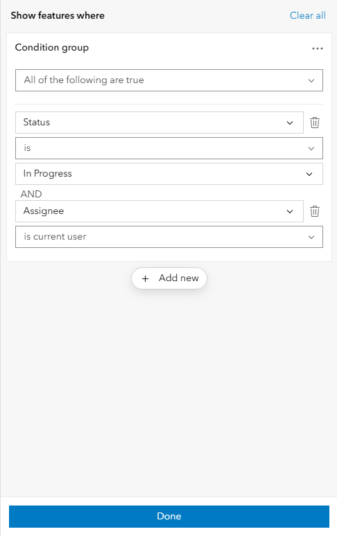 Filter configured to show features where Status is In Progress and Assignee is the current user with conditions grouped.