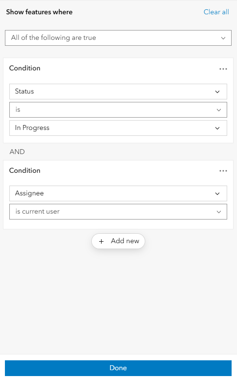 Filter configured to show features where Status is In Progress and Assignee is the current user as separate conditions.