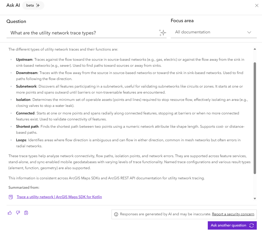 Results of asking Ask AI what the available trace types are in a utility network. The results correctly show all available types, which include upstream, downstream, and isolation, followed by a summary and a list of pages used as the source for the answer.