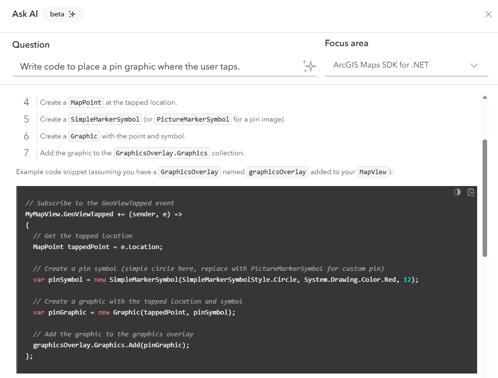 The Question field shows a developer asking for code that places a pin where user taps and the result area shows a code block, generated by Ask AI, that places a pin where the user taps