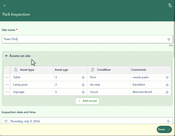 Tabular view of repeate data collection