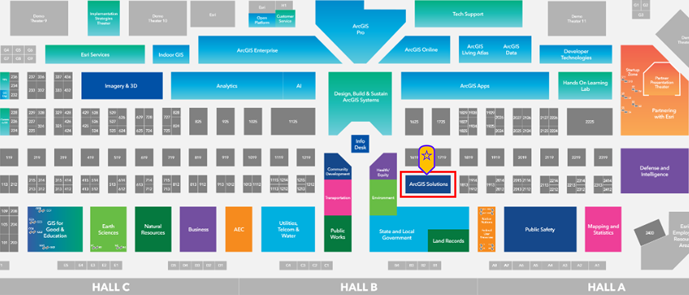 Conference exhibit hall map highlighting the ArcGIS Solutions booth location in Hall B near the State and Local Government and Health Equity areas.