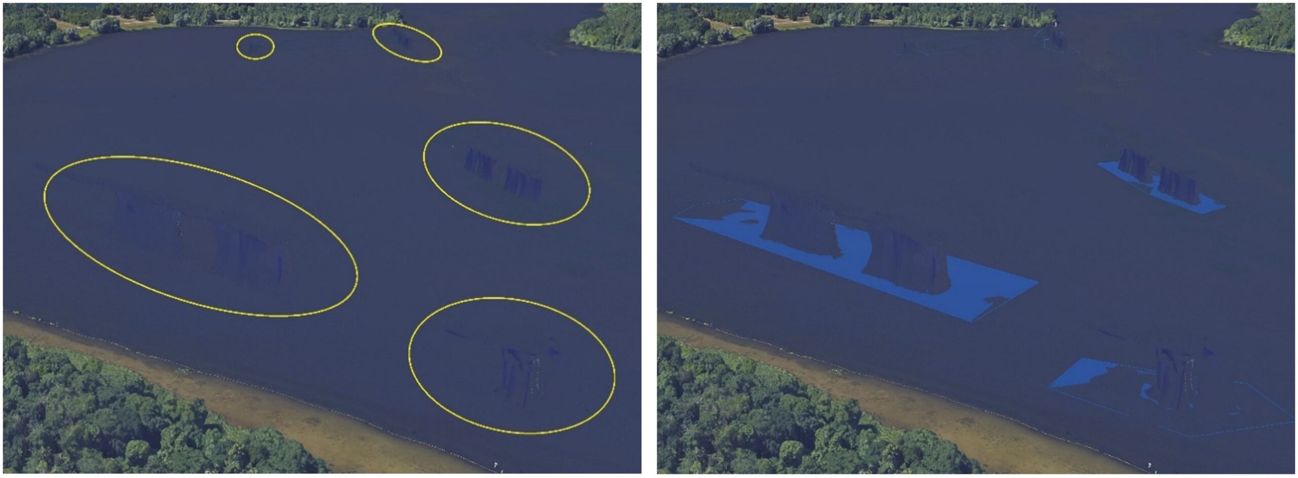Precise Water Body digitization around noisy patches (right image, in light blue)