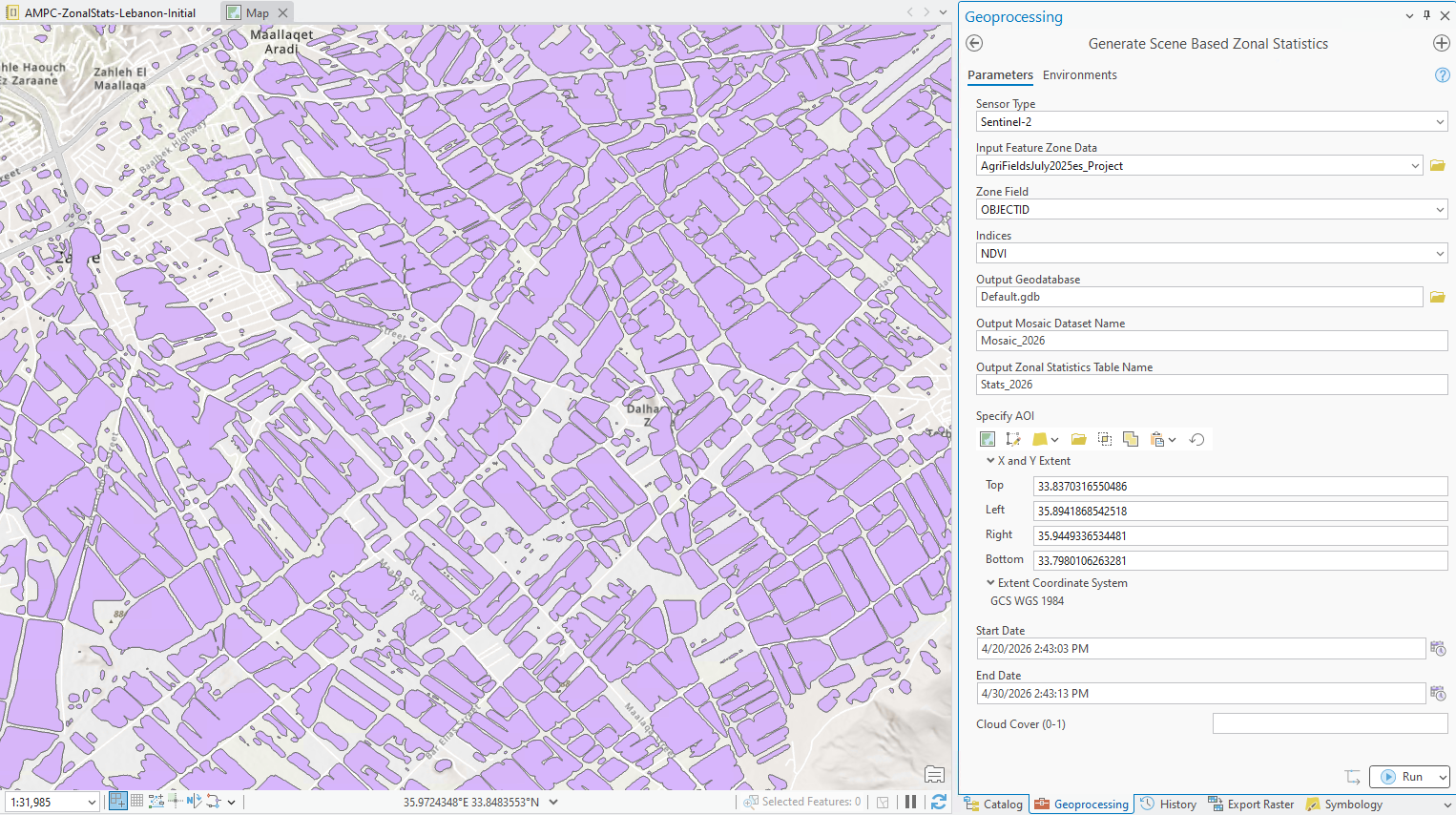 Screenshot of ArcGIS Pro displaying a geoprocessing tool used to generate scene-based zonal statistics from Sentinel-2 imagery. The map view shows thousands of agricultural field polygons across Lebanon highlighted in purple, representing field boundaries used for analysis. On the right, the Generate Scene Based Zonal Statistics tool is configured with Sentinel-2 as the sensor type, the agricultural field layer as the input feature dataset, OBJECTID as the zone field, and NDVI as the selected vegetation index. Additional parameters define the output mosaic dataset, zonal statistics table, area of interest extent, and a one-month processing window from April 20, 2026 to April 30, 2026. The workflow summarizes NDVI values from satellite imagery for each agricultural field, creating field-level statistics that can later be aggregated into administrative-level agricultural monitoring indicators.
