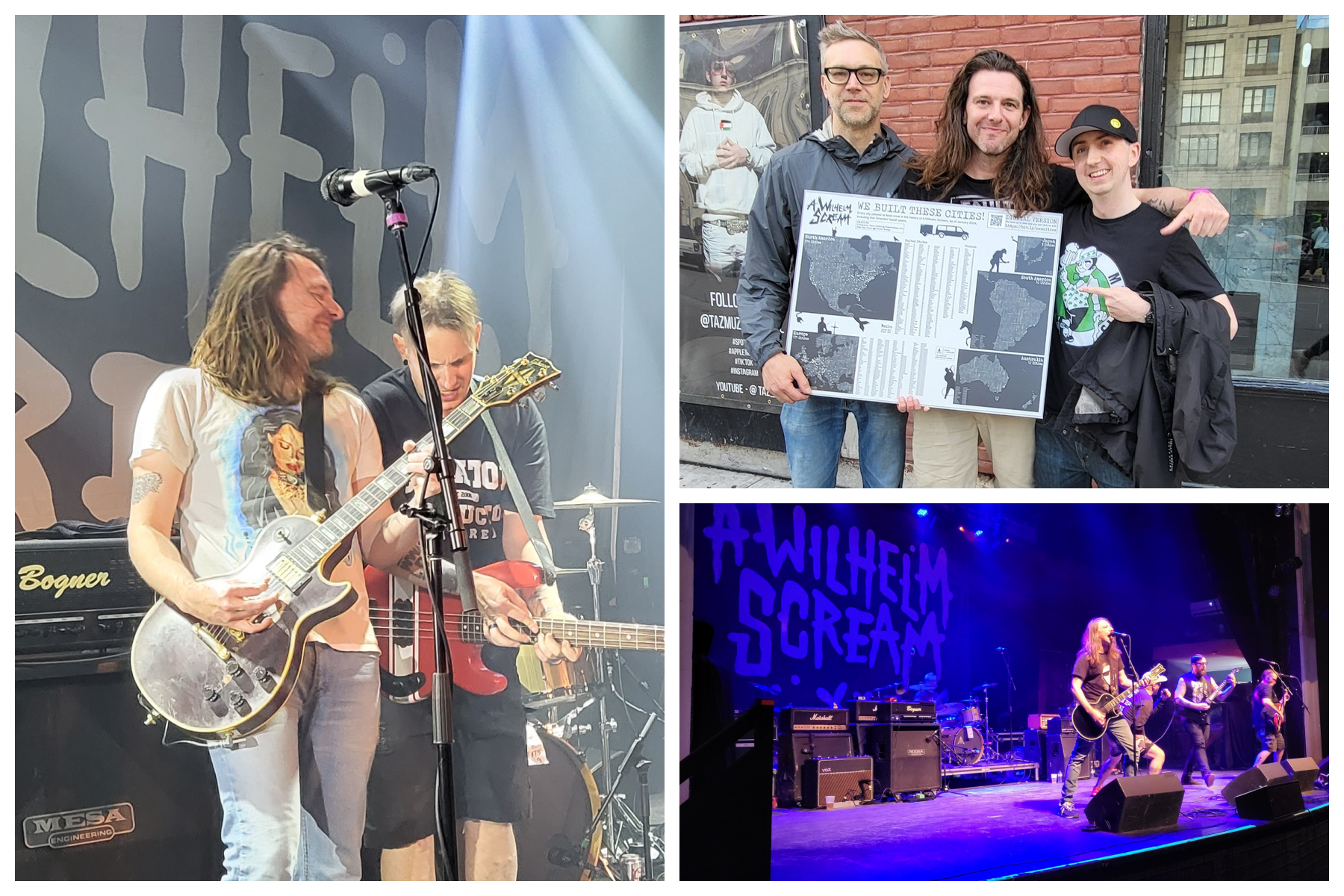A three photo collage of the band on stage and with a printed version of the tour map. Photos and map provided by Mark Gallant.