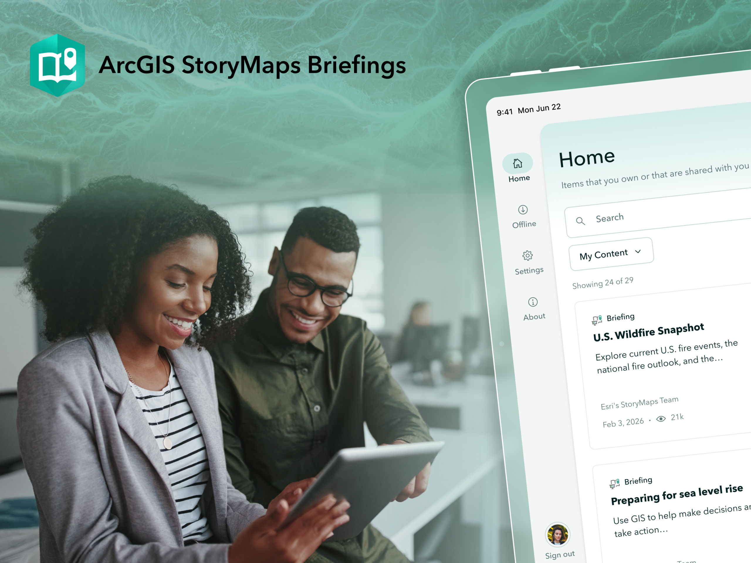 Two people with a tablet using the ArcGIS StoryMaps Briefings app