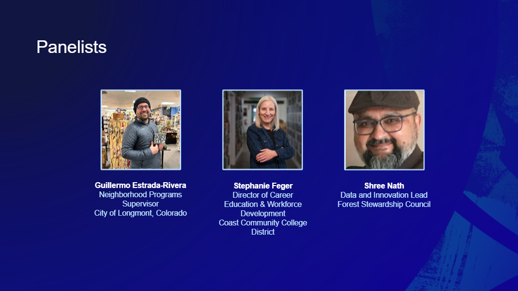 Slide showing the three guest panelists for the Esri UC 2026 Community Engagement SIG