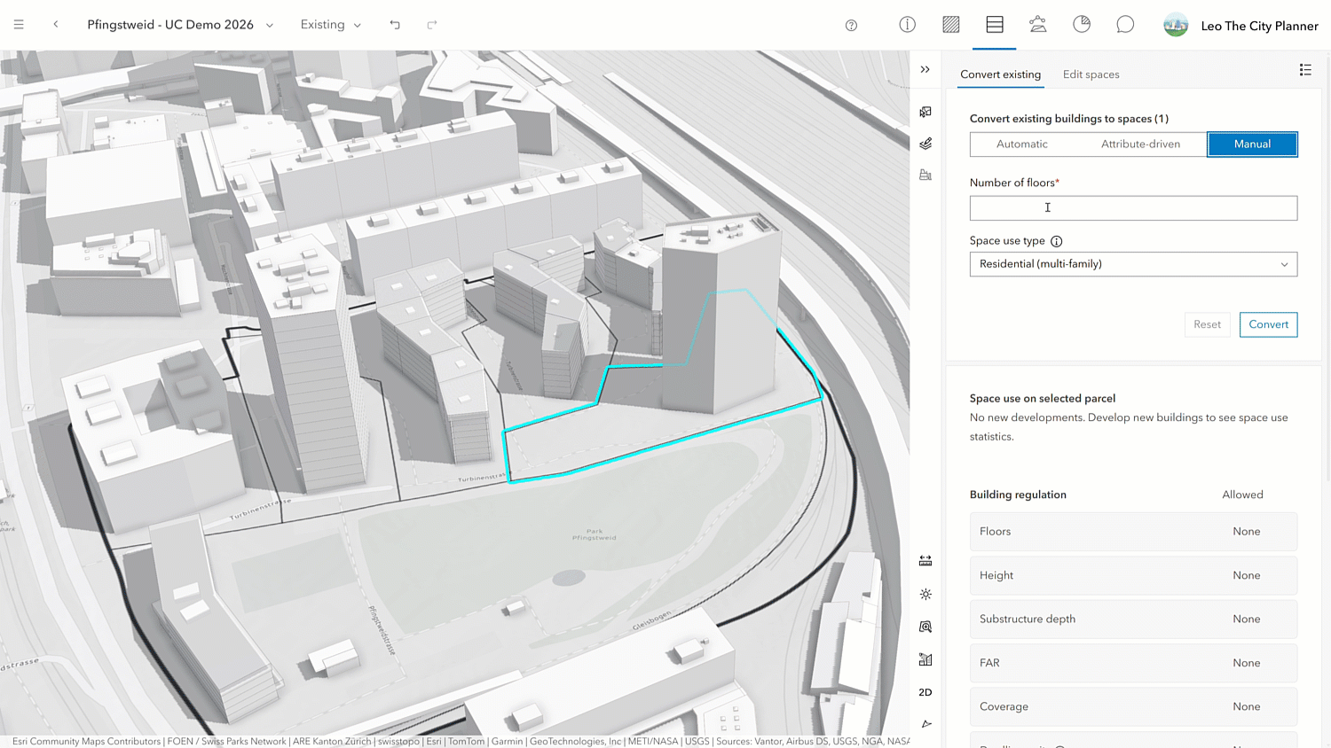 A GIF showing the process for converting an existing building into 27 floors as part of a densification workflow.