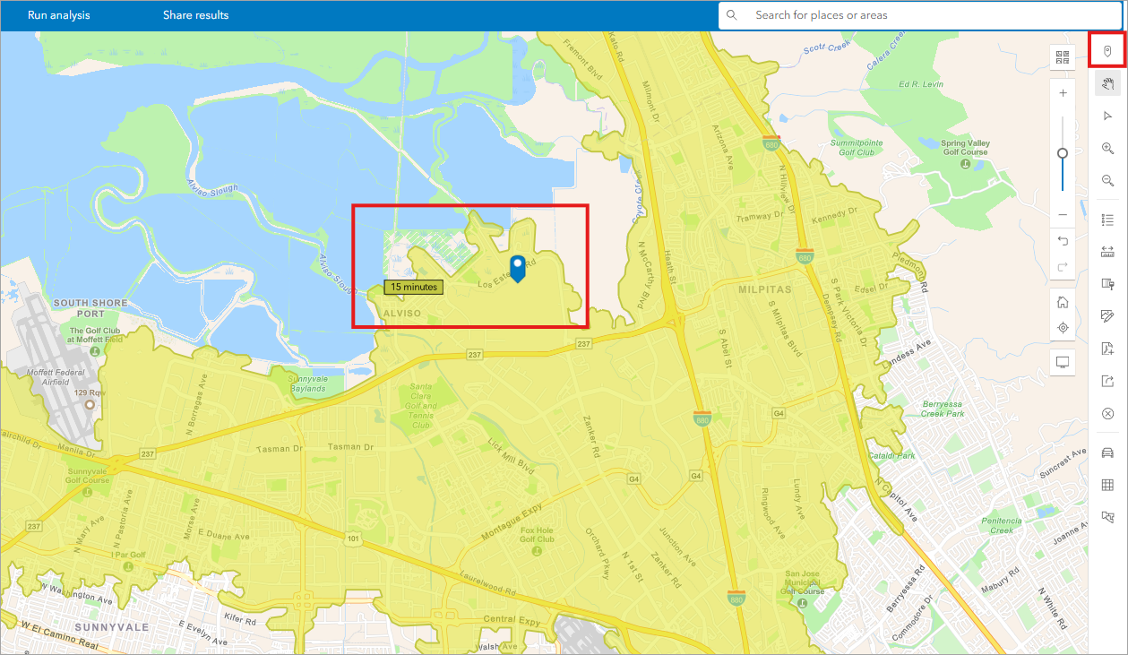Map of 15 minute drive time site