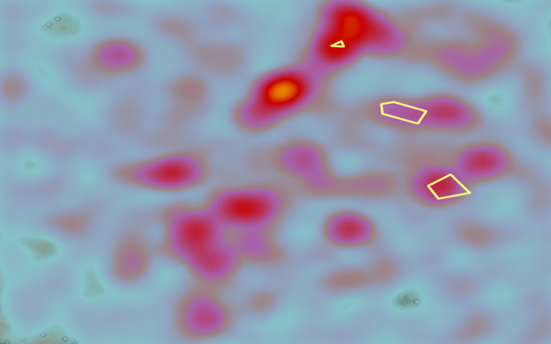 Similarity heat map of an open-pit coal mining study area showing areas with high and low similarity to the query mine polygons.