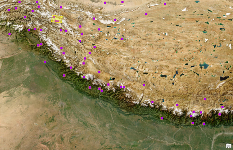 Map showing locations identified as most similar to a Himalayan mountain query using location embeddings