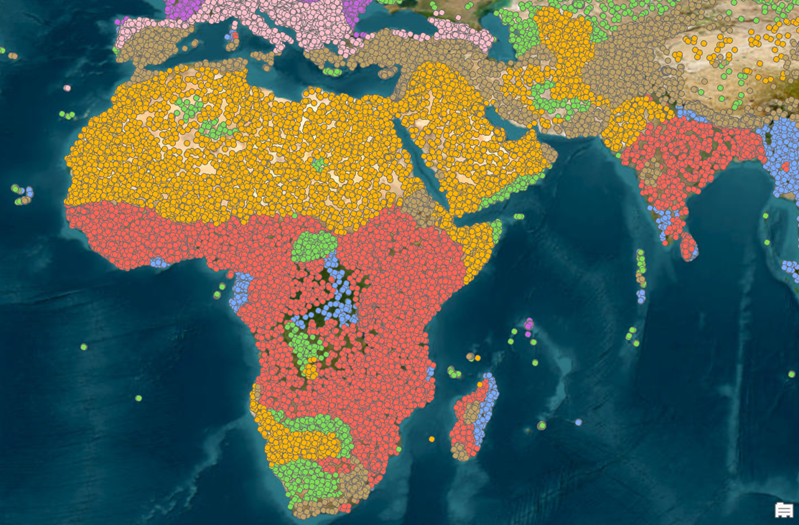 Map displaying unsupervised clusters of geographic regions based on location embeddings.