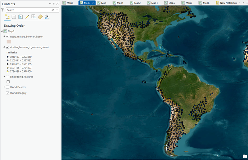similarity map showing how closely landscapes across the Americas match the Sonoran Desert.