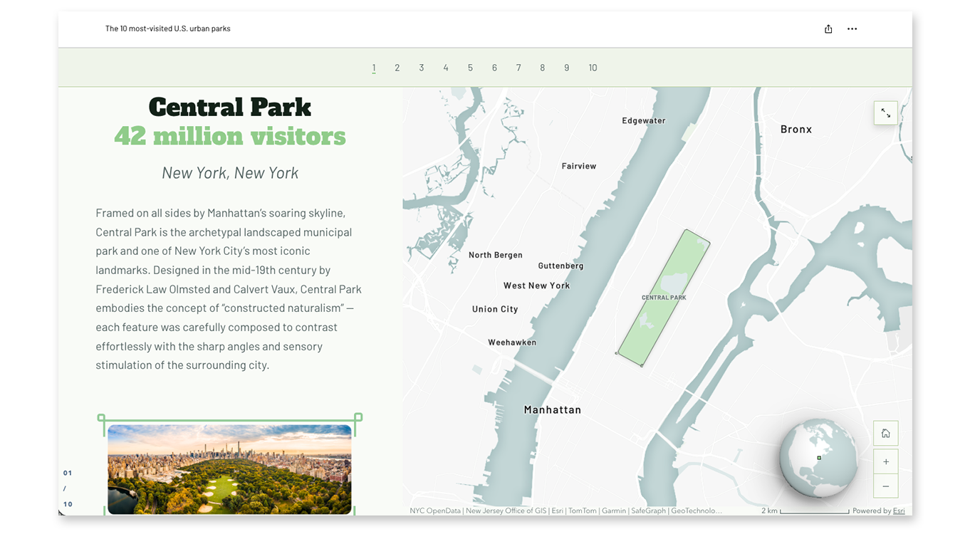 A light grey minimalist web map in a story about most visited parks in the United States. It features a green polygon for the park and minimal reference labels.
