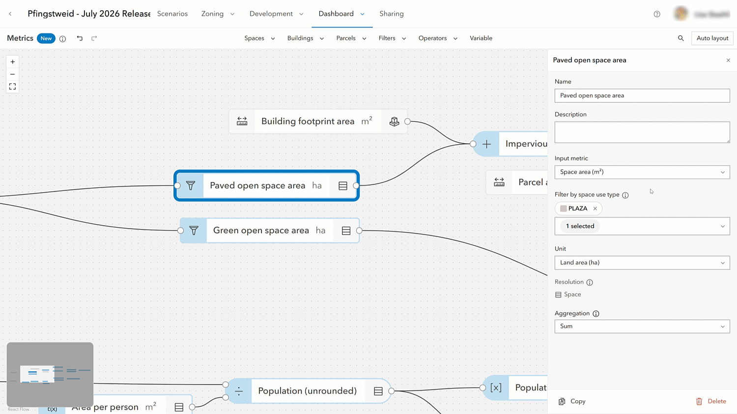 A GIF showing the metrics graph being configured to calculate population and the distribution of open versus paved surfaces, helping planners understand how proposed new construction will affect population growth and site drainage capacity.