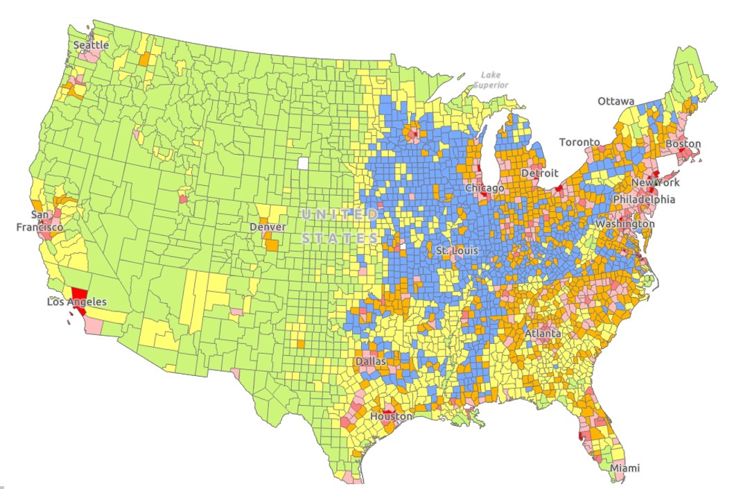 U.S. counties clustered based on their digital signatures.