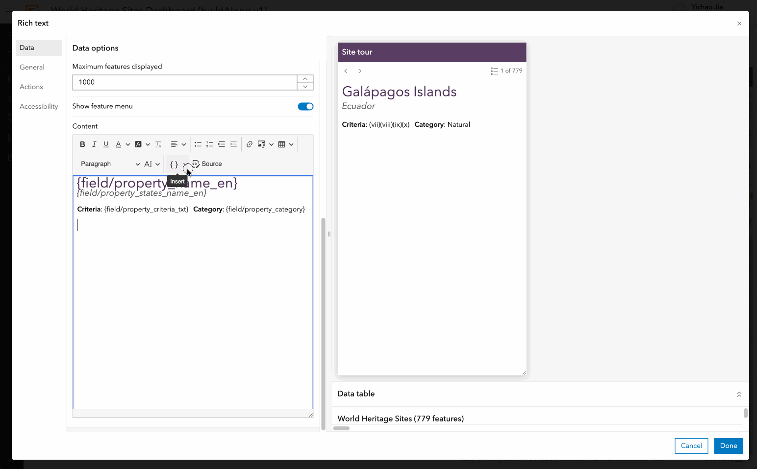 screen recording showing how to insert dynamic text