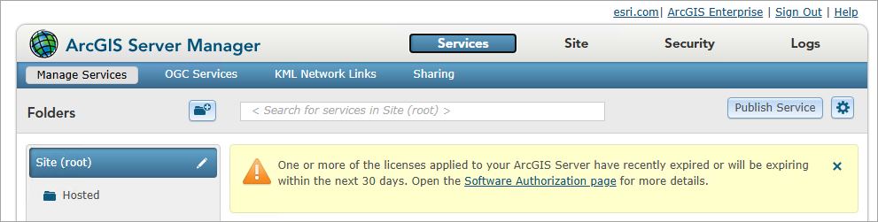 ArcGIS Server Manager with warning