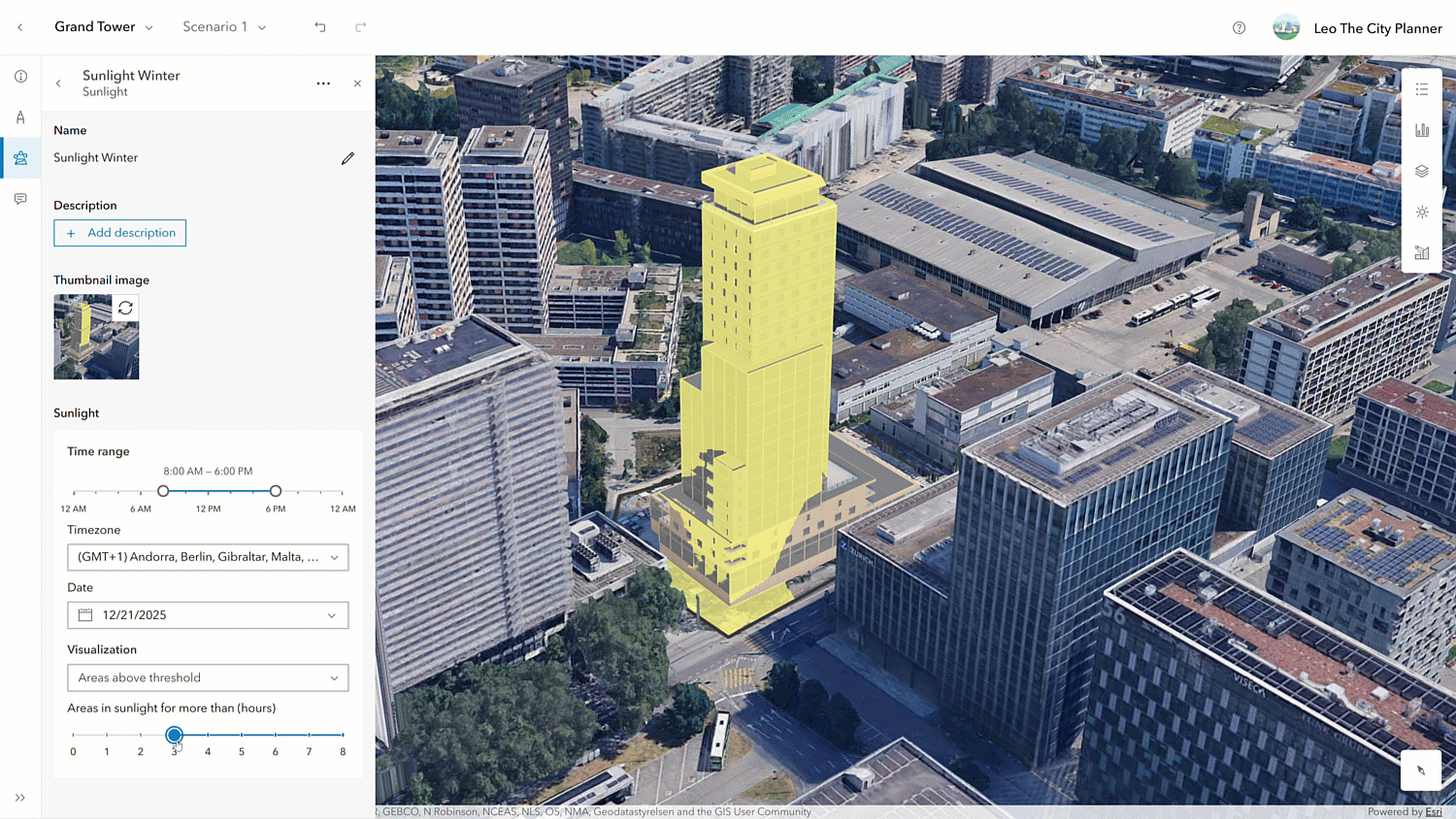 A GIF displaying a proposed high-rise building highlighted in yellow with the Sunlight Winter analysis tool open. The left panel shows settings for the sunlight study, including the time range (8:00 AM–6:00 PM), timezone, date (December 21, 2025), visualization mode ("Areas above threshold"), and a slider set to approximately 6.5 hours of sunlight. The map visualizes the building within its surrounding urban context to evaluate winter sunlight exposure.